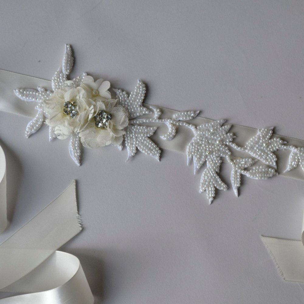 Floral Beaded Bridal Ribbon Belt